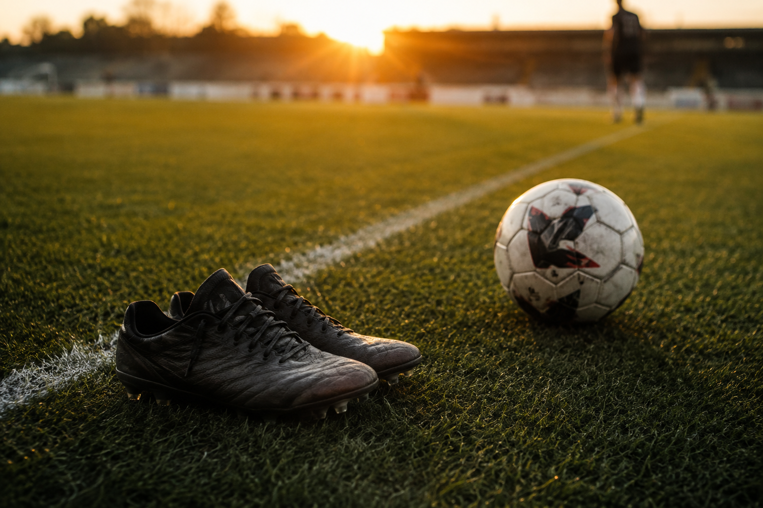 Botas y balón sobre el césped antes de un partido de fútbol