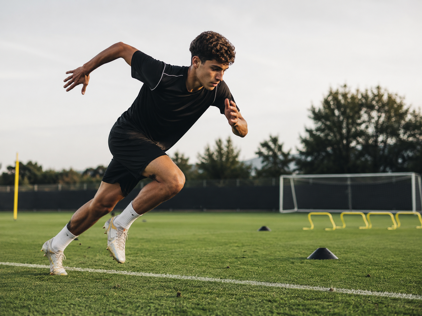 Futbolista juvenil realizando un trabajo de aceleración durante una sesión de preparación física